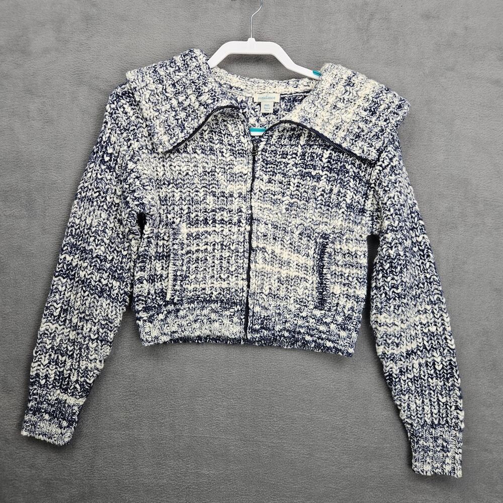 Sundance Marled Knit Zip Sweater Blue White Wool Blend Cropped PXS